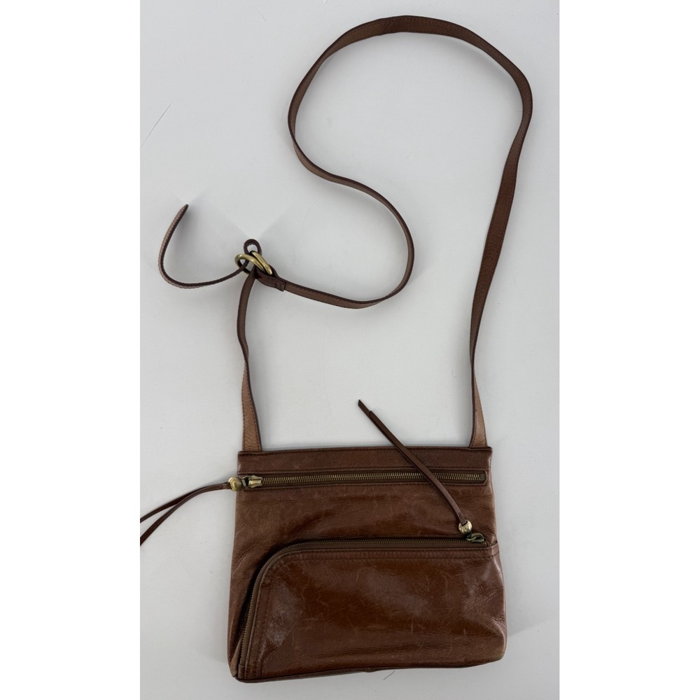 Hobo International Cassie Leather Crossbody Bag Double Zip Organizer Tan Khaki
